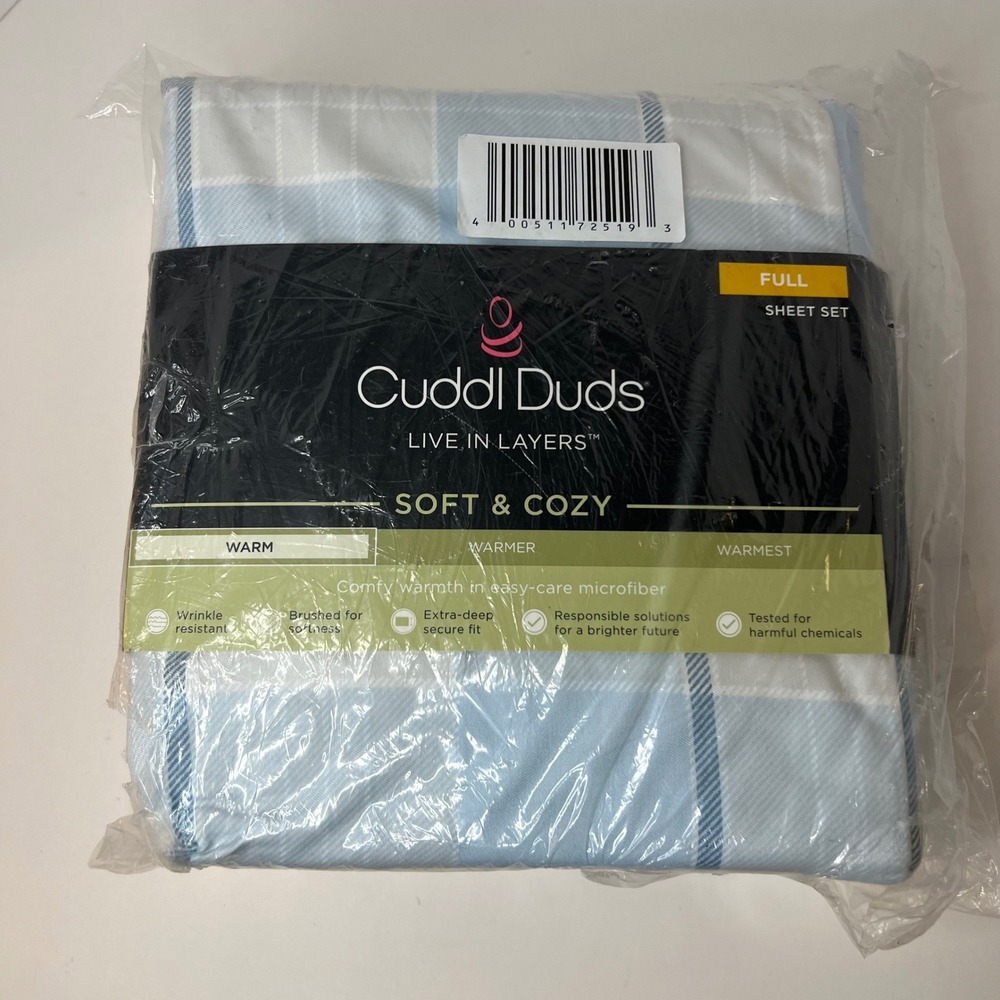 Cuddl Duds Soft & Cozy Brushed Full Sheet Set In Bag Blue Plaid Blue White‎ NIP